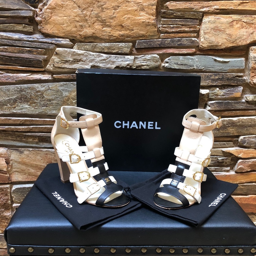 CHANEL Black and Beige Strappy High-Heel Sandals with Gold Buckles
